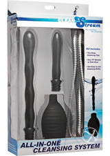 CleanStream All-In-One Shower Cleansing System Black kit with two nozzles, hose, and cleansing bulb.