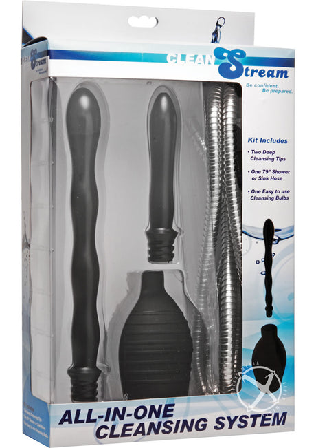 CleanStream All-In-One Shower Cleansing System Black kit with two nozzles, hose, and cleansing bulb.