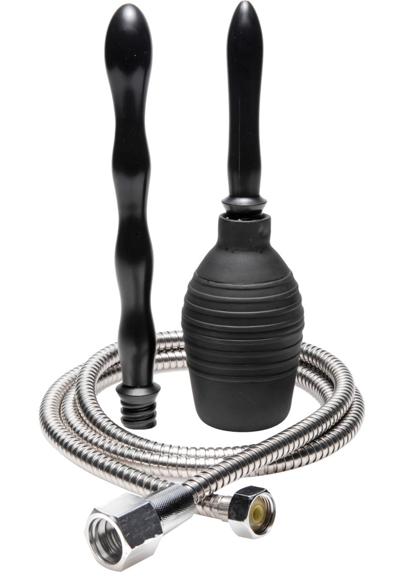 CleanStream All-In-One Shower Cleansing System Black with stainless steel hose and cleansing nozzles.