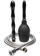 CleanStream All-In-One Shower Cleansing System Black with stainless steel hose and cleansing nozzles.
