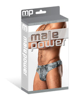 Male Power Dirty Denim Thong Blue S/M packaging showcasing men's underwear with denim print and contoured pouch.