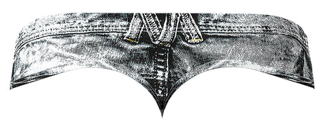 Male Power Dirty Denim Thong Blue S/M featuring a denim print and faux zipper design for men's underwear.