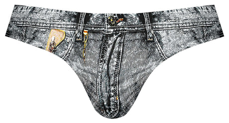 Male Power Dirty Denim Print Thong Blue L XL featuring a realistic denim print with faux zipper and pockets.