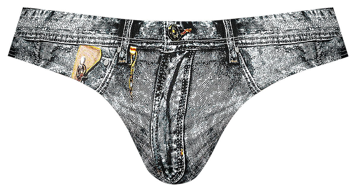 Male Power Dirty Denim Thong Blue S/M featuring denim print, faux zipper, and contoured pouch for comfort.