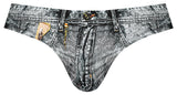 Male Power Dirty Denim Thong Blue S/M featuring denim print, faux zipper, and contoured pouch for comfort.