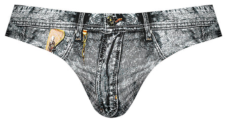 Male Power Dirty Denim Thong Blue S/M featuring denim print, faux zipper, and contoured pouch for comfort.