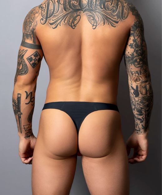Male Power Hot Mesh Bong Thong Black S/M on a male model showcasing the back view with tattoos.