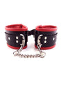 Rouge Padded Leather Adjustable Wrist Cuffs Black and Red with a chain connector for bondage play.