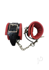 Rouge Padded Leather Adjustable Wrist Cuffs Black and Red with soft padded interior and metal chain.