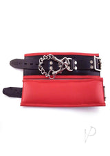 Rouge Padded Leather Adjustable Wrist Cuffs Black and Red with chain and buckle detailing, showcasing luxury in bondage gear.