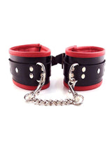 Rouge Padded Leather Adjustable Ankle Cuffs Black and Red featuring padded lining and a secure metal chain.
