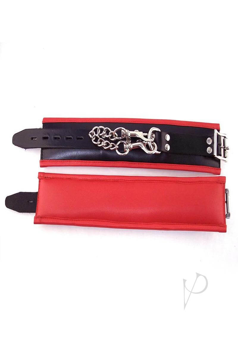 Rouge Padded Leather Adjustable Ankle Cuffs Black and Red, featuring luxury leather and adjustable design.