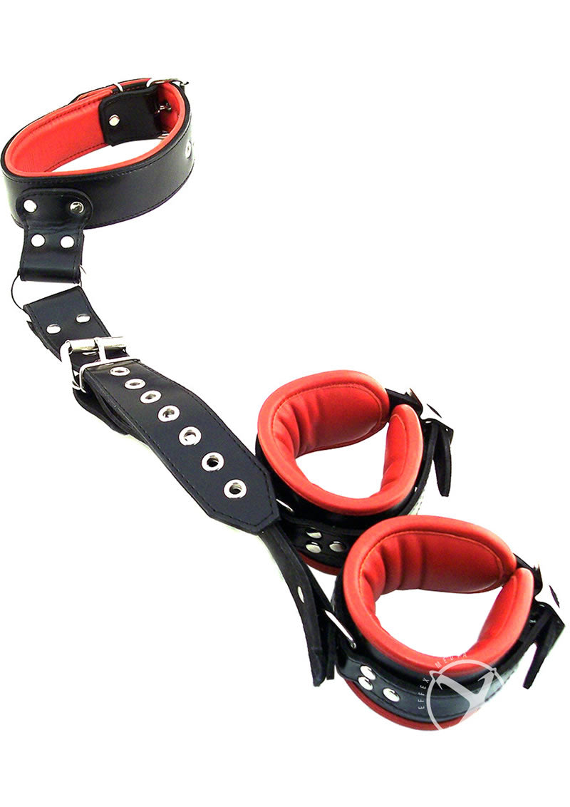 Rouge Neck To Hand Restraint Black Red featuring padded collar and wrist cuffs for comfortable bondage.