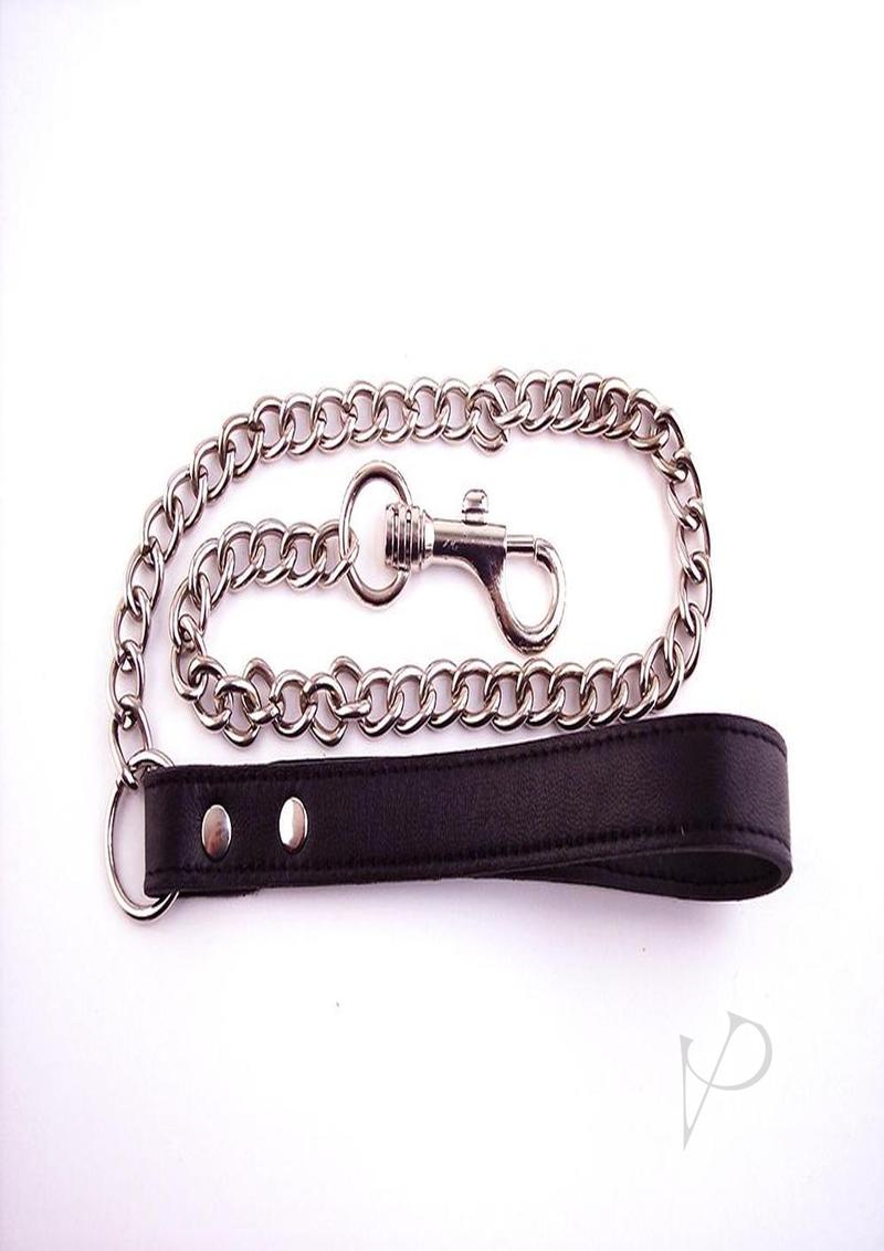 Rouge Leather Lead Metal Chain Leash Black with sturdy metal chain and comfortable leather handle.