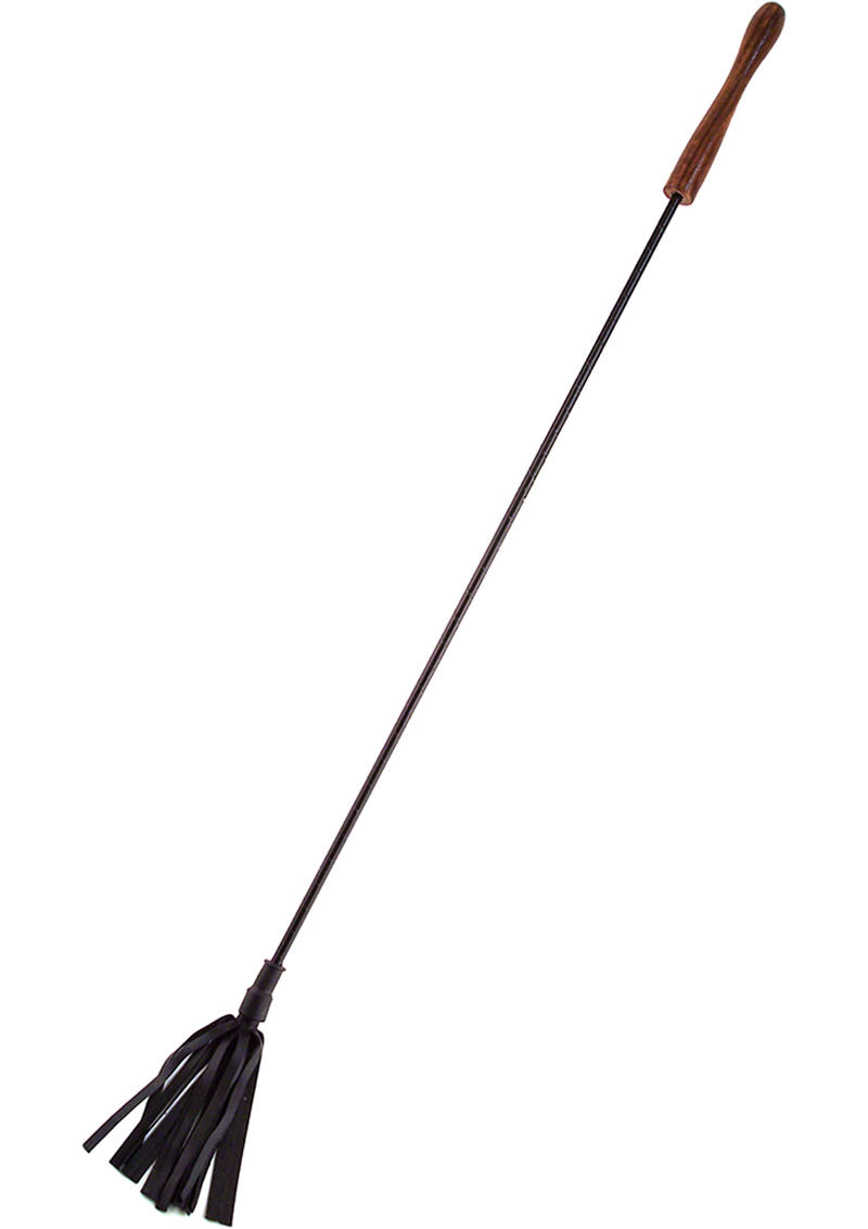 Rouge Wooden Handle Leather Riding Crop Black featuring a smooth wooden handle and feathered leather strips.
