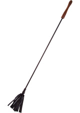 Rouge Wooden Handle Leather Riding Crop Black featuring a smooth wooden handle and feathered leather strips.