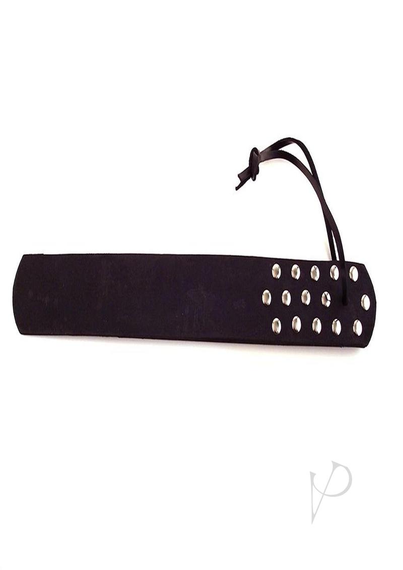 Rouge Leather Three Flap Paddle Black with silver studs and a leather handle for versatile sensation play.