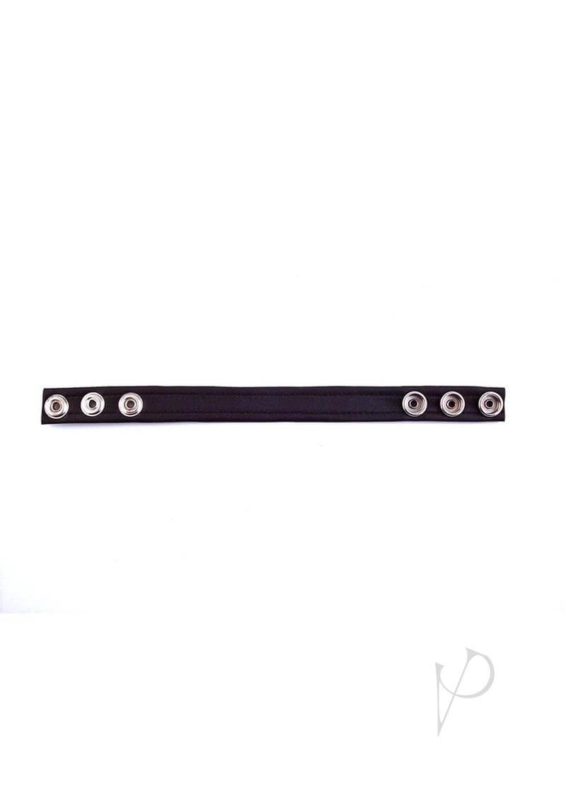 Rouge Leather Adjustable Cock Strap Black against a white background, showcasing its sleek design and snap buttons.