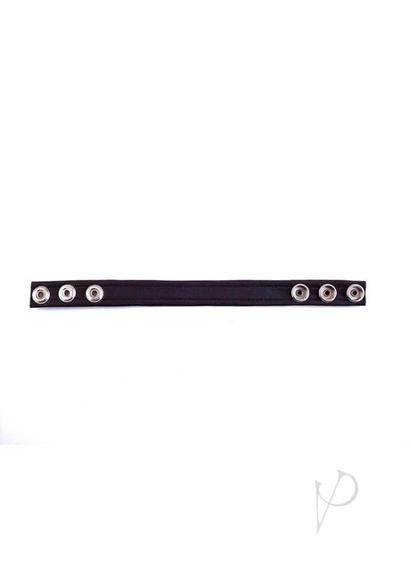 Rouge Leather Adjustable Cock Strap Black against a white background, showcasing its sleek design and snap buttons.