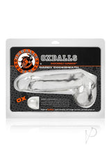 Oxballs Daddy Cock Sheath Clear packaged with description and branding, highlighting its unique design and material.