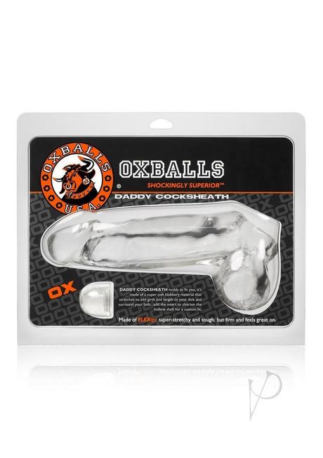 Oxballs Daddy Cock Sheath Clear packaged with description and branding, highlighting its unique design and material.