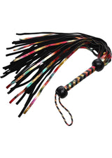 Strict Leather Rainbow Lambskin Flogger with colorful fringes and black handle, designed for impact and visual appeal.