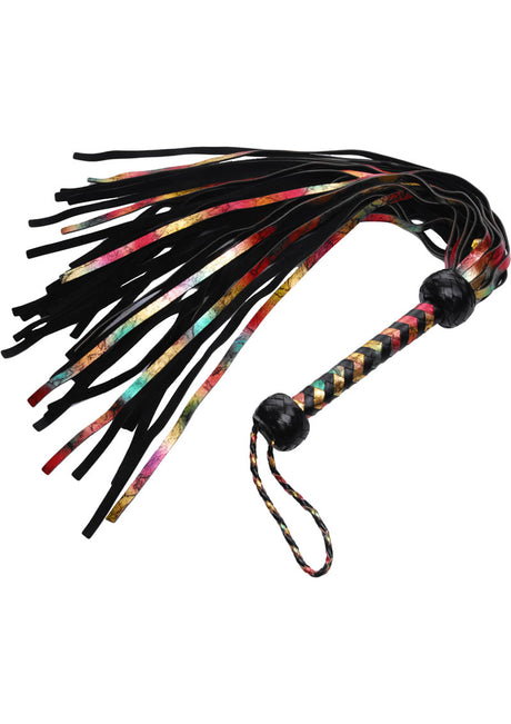 Strict Leather Rainbow Lambskin Flogger with colorful fringes and black handle, designed for impact and visual appeal.