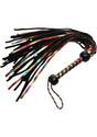Strict Leather Rainbow Lambskin Flogger with colorful fringes and black handle, designed for impact and visual appeal.