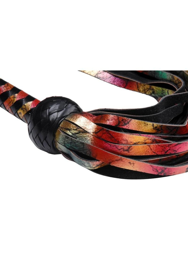 Strict Leather Rainbow Lambskin Flogger with colorful leather strips and a black handle.