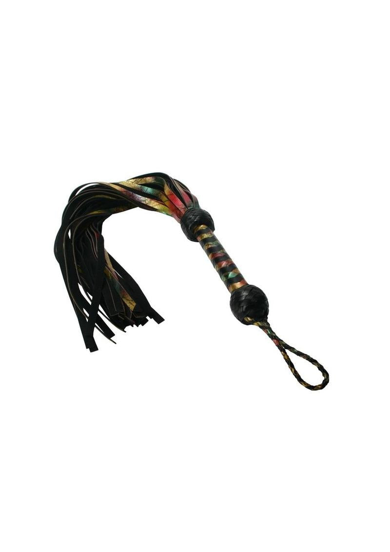 Strict Leather Rainbow Lambskin Flogger with vibrant colors and black leather, ideal for stunning visual impact and functionality.