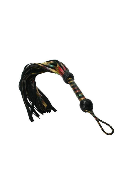 Strict Leather Rainbow Lambskin Flogger with vibrant colors and black leather, ideal for stunning visual impact and functionality.