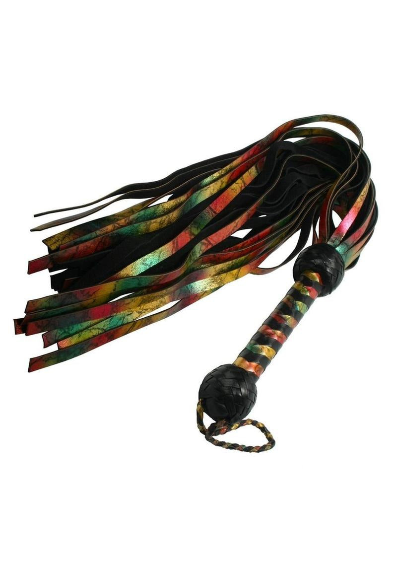 Strict Leather Rainbow Lambskin Flogger with vibrant colors and black leather, perfect for striking impact and visual appeal.