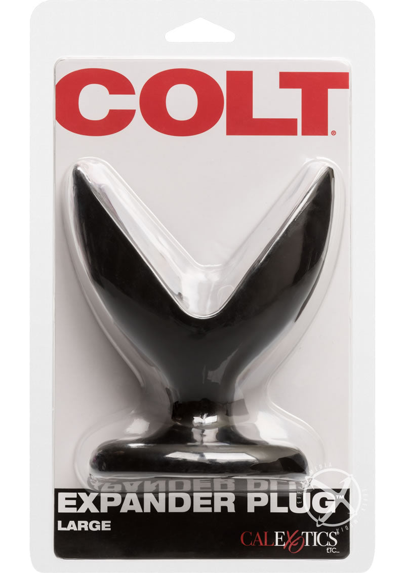 COLT Expander Plug Butt Plug Large Black in packaging, featuring a flared design for secure fit.