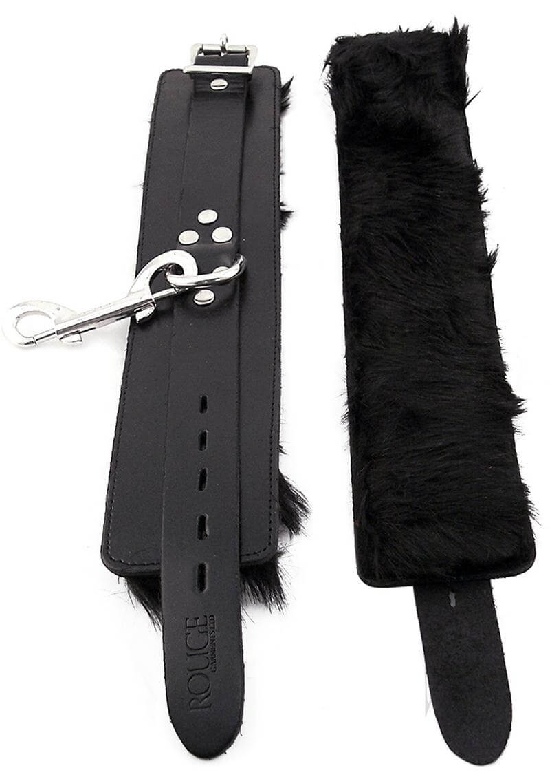 Rouge Leather Wrist Cuffs with Faux Fur Lining Black showing adjustable buckle and soft faux fur lining.