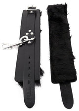 Rouge Leather Wrist Cuffs with Faux Fur Lining Black showing adjustable buckle and soft faux fur lining.