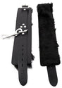 Rouge Leather Wrist Cuffs with Faux Fur Lining Black showing adjustable buckle and soft faux fur lining.