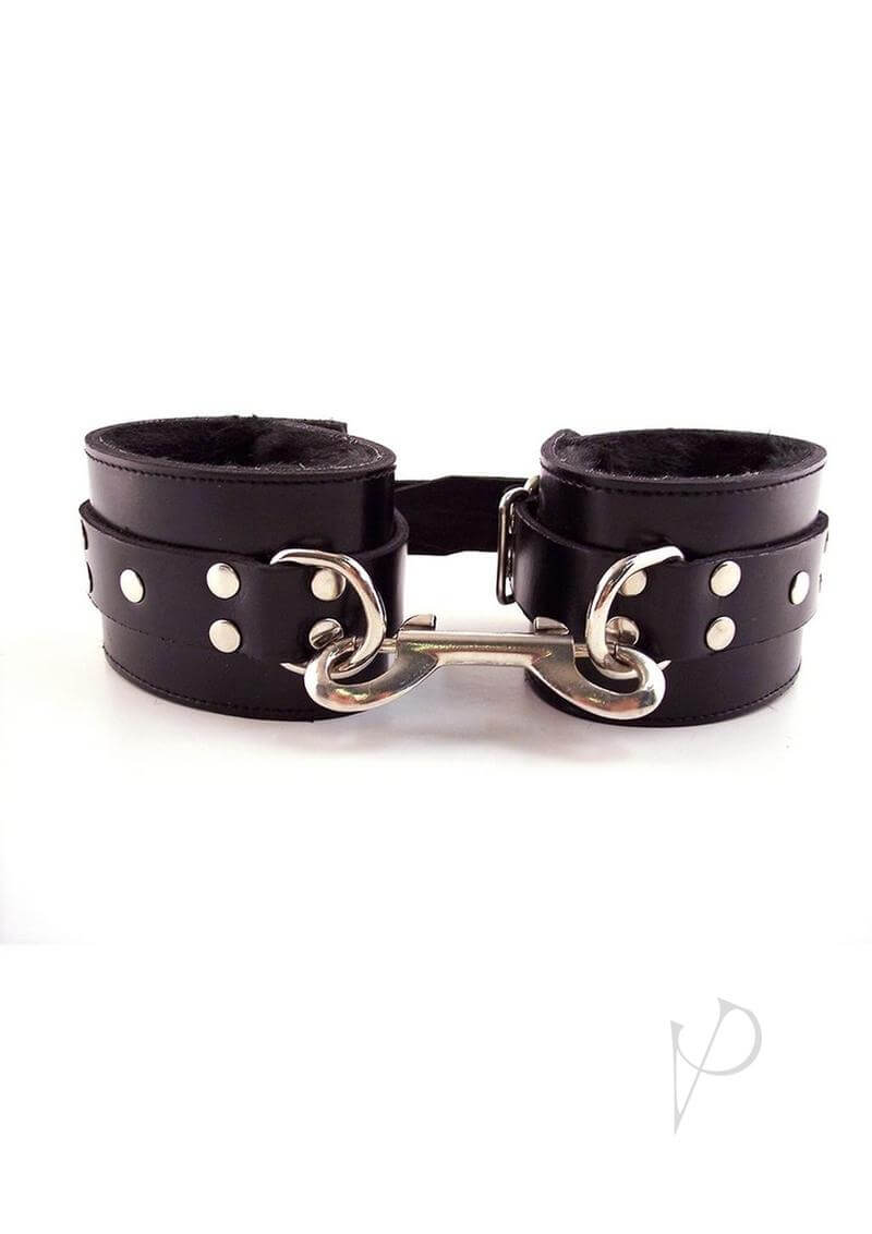 Rouge Leather Wrist Cuffs with Faux Fur Lining Black featuring silver studs and a secure buckle for restraint play.