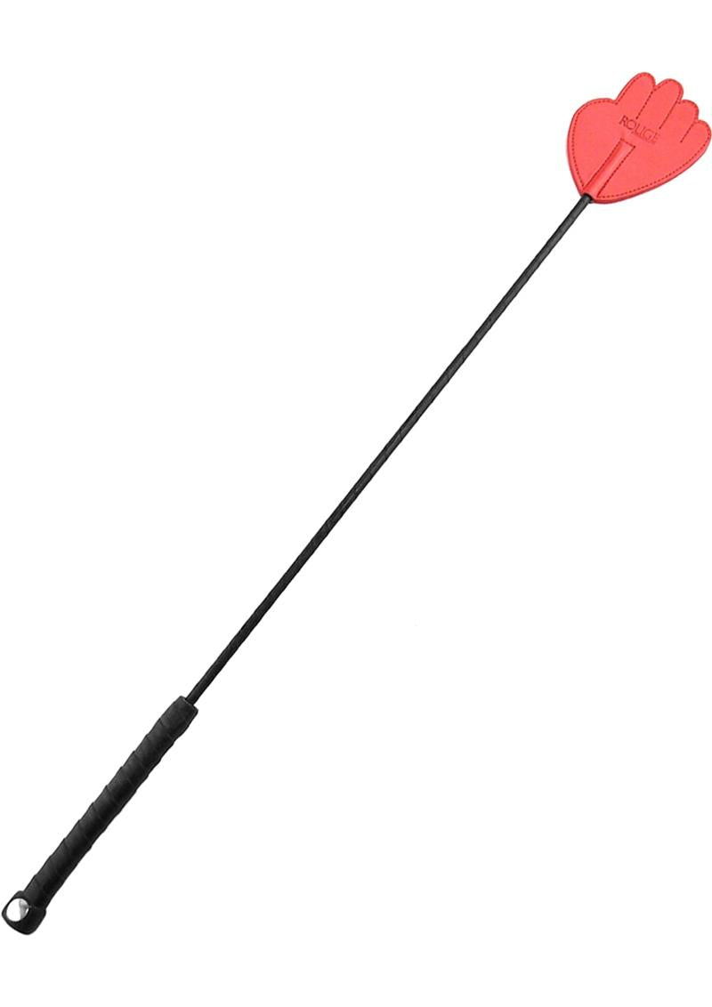 Rouge Fifty Times Hotter Leather Hand Riding Crop Red on a white background showcasing its hand-shaped tip.