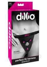 Dillio Perfect Fit Harness Black Pink box packaging featuring the harness design and features.