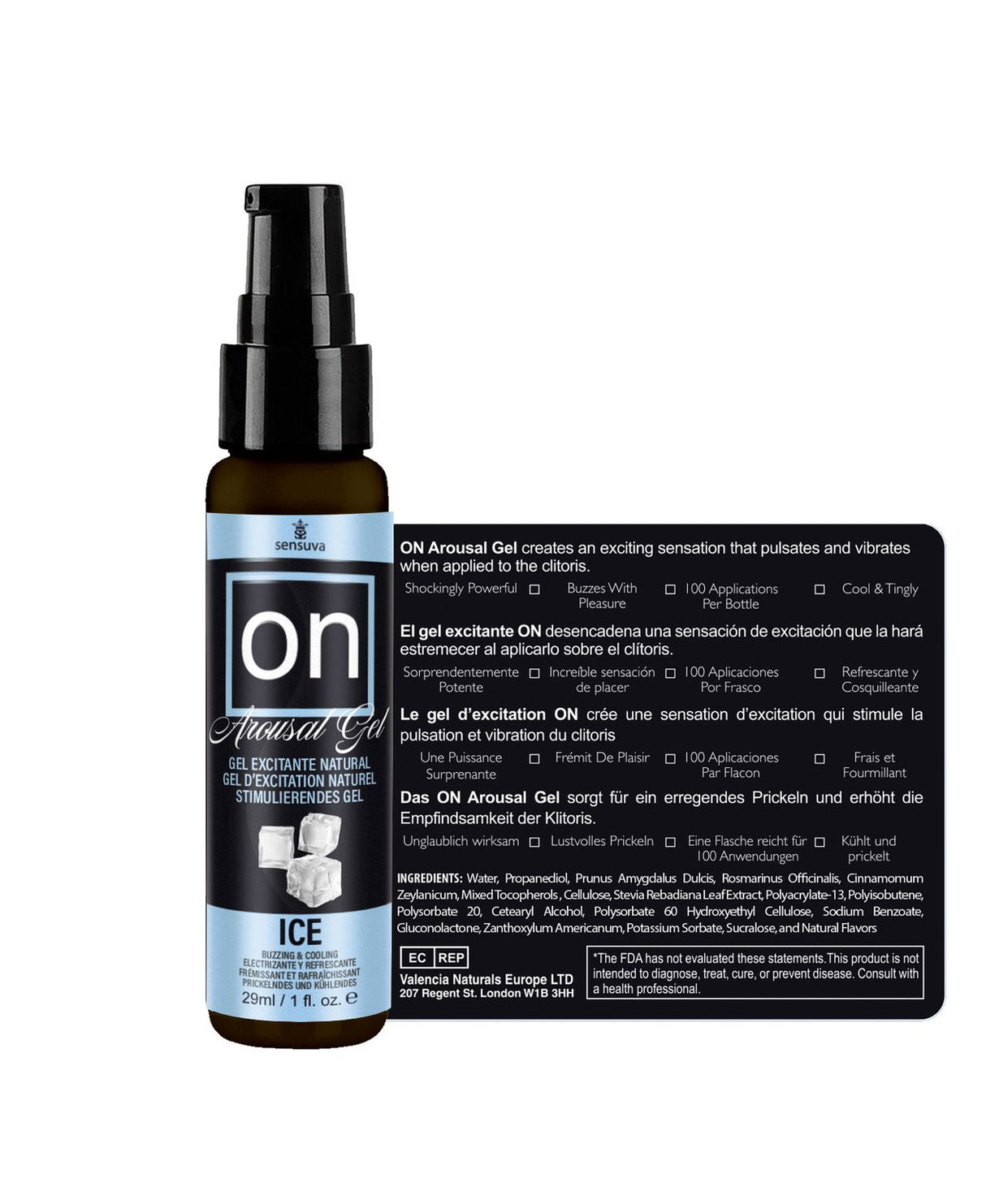 Sensuva On Arousal Gel Ice 1 Oz bottle with label showcasing unique natural ingredients for clitoral stimulation.