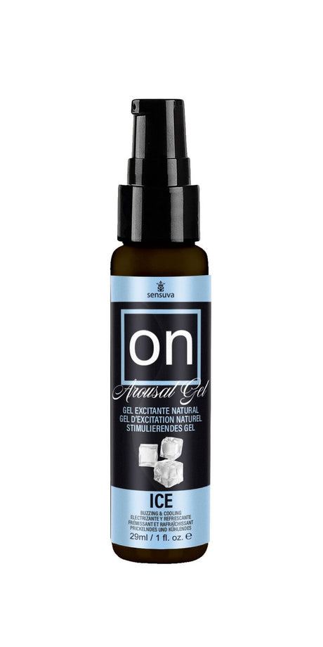 Sensuva On Arousal Gel Ice 1 Oz product in a spray bottle with blue label and ice cube graphics.
