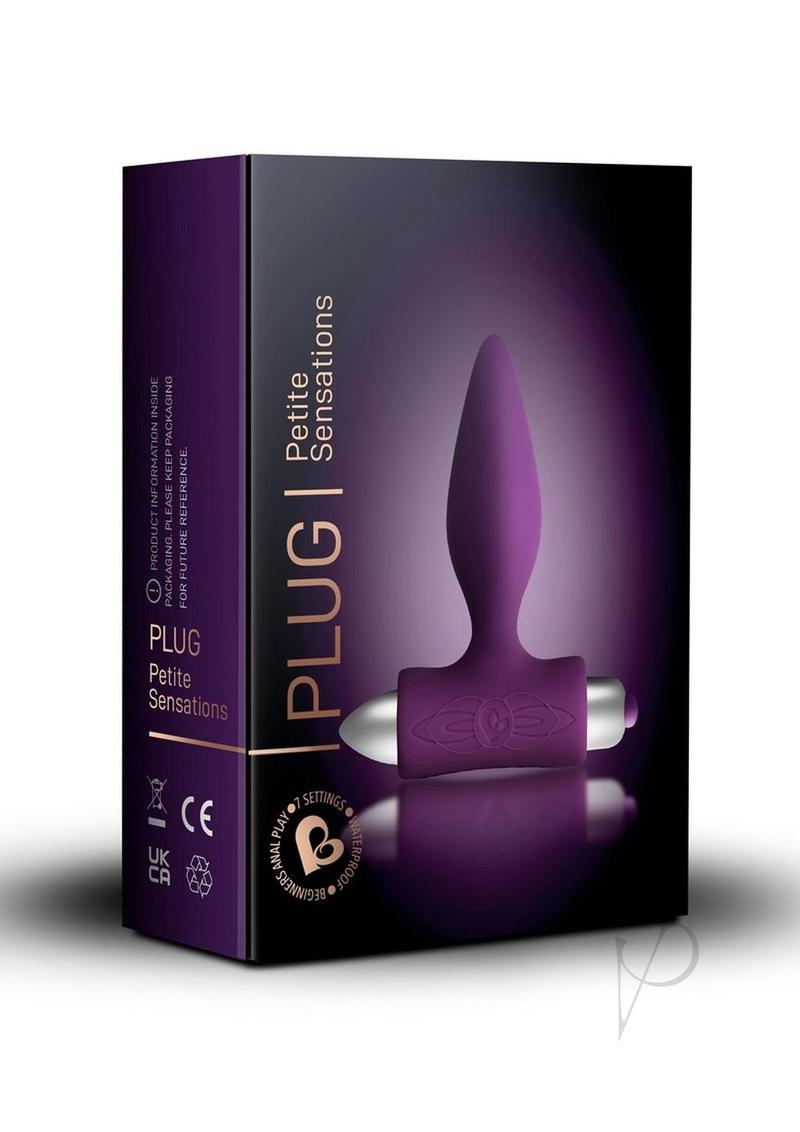 Petite Sensations Silicone Vibrating Butt Plug Purple in packaging showcasing its design and features.