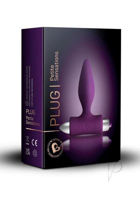 Petite Sensations Silicone Vibrating Butt Plug Purple in packaging showcasing its design and features.