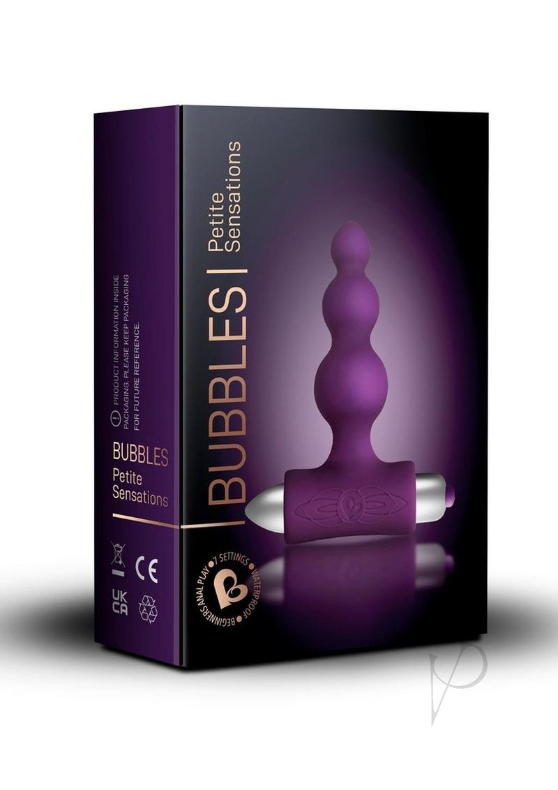Petite Sensations Bubbles Vibrating Butt Plug Purple packaging showcasing its design and features.