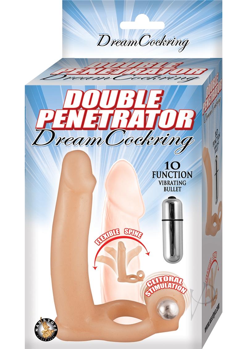 Double Penetrator Dream Vibrating Cock Ring Vanilla packaging with features including flexible spine and vibrating bullet.