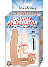 Double Penetrator Dream Vibrating Cock Ring Vanilla packaging with features including flexible spine and vibrating bullet.