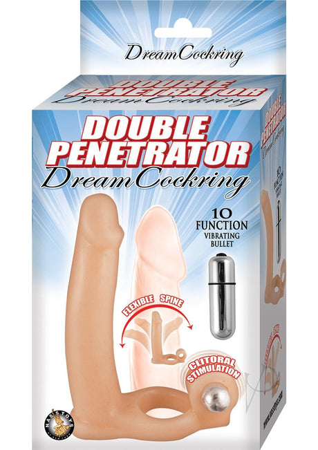 Double Penetrator Dream Vibrating Cock Ring Vanilla packaging with features including flexible spine and vibrating bullet.