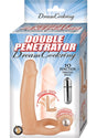 Double Penetrator Dream Vibrating Cock Ring Vanilla packaging with features including flexible spine and vibrating bullet.