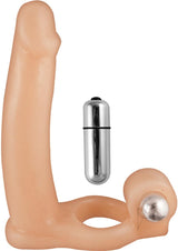 Double Penetrator Dream Vibrating Cock Ring Vanilla with removable bullet for couples' pleasure.