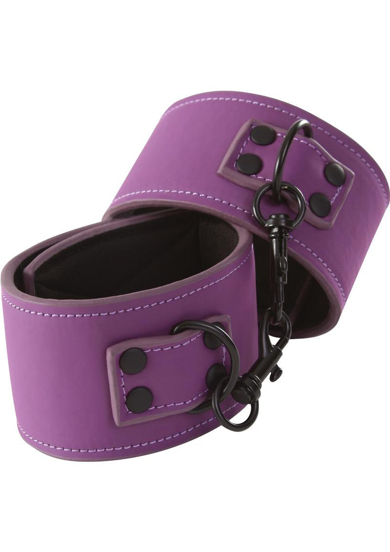 Lust Bondage Wrist Cuff Purple featuring Velcro closures and vinyl construction for comfort in bondage play.